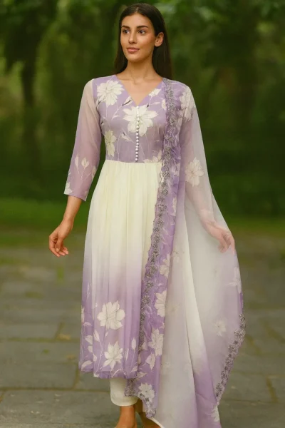 KPD-418-1 Lavender White Tabby Floral Kurta Silk Pant Dupatta Set