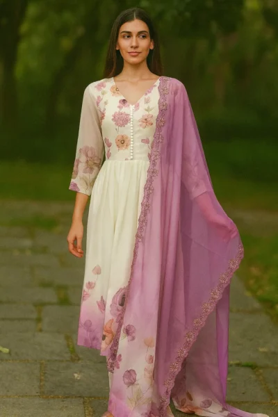KPD-419-1 Cream Pink Tabby Floral Kurta Silk Pant Dupatta Set