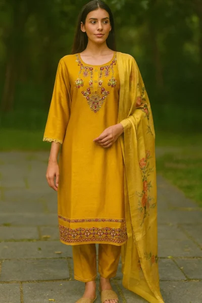 KPD-420-1 Mustard Vatican Silk Embroidered Kurta Pant with Organza Dupatta