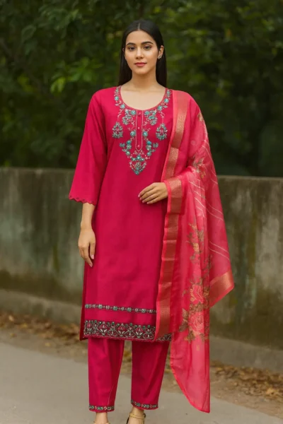 KPD-421-1 Pink Vatican Silk Embroidered Kurta Pant with Organza Dupatta