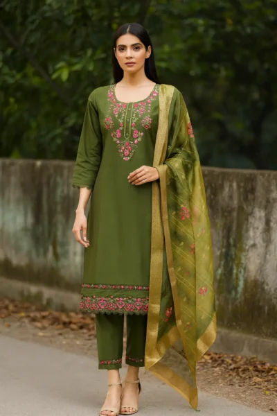 KPD-422-1 Green Vatican Silk Embroidered Kurta Pant with Organza Dupatta