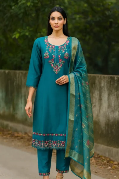 KPD-423-1 Teal Blue Vatican Silk Embroidered Kurta Pant with Organza Dupatta