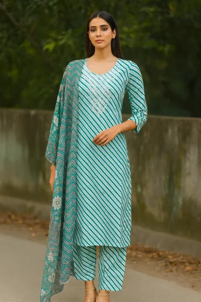 KPD-424-1 Aqua Green Cotton Lehariya Embroidered Kurta pant with Dupatta