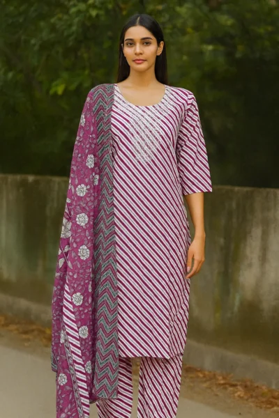 KPD-425-1 Magenta Cotton Lehariya Embroidered Kurta Pants with Dupatta