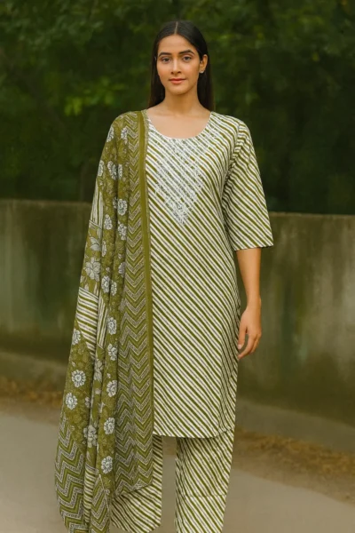 KPD-426-1 Olive Cotton Lehariya Embroidered Kurta Pants with Dupatta