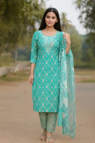 KPD-427-1 Turquoise Cotton Printed Embroidered Kurta Pants with Dupatta