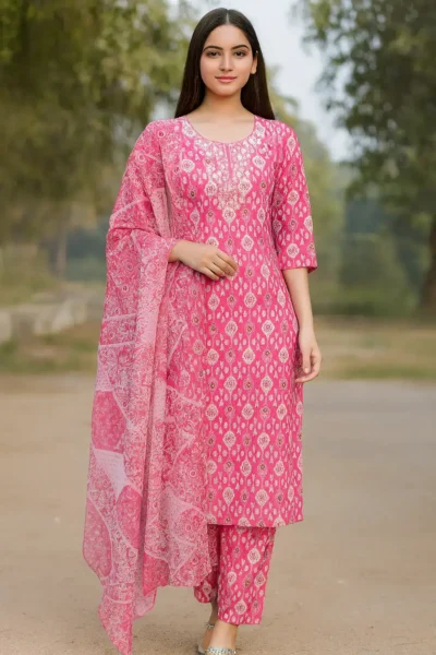 KPD-428-1 Pink Cotton Printed Embroidered Kurta Pants with Dupatta