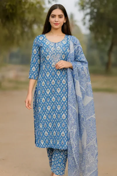 KPD-429-1 Blue Cotton Printed Embroidered Kurta Pants with Dupatta