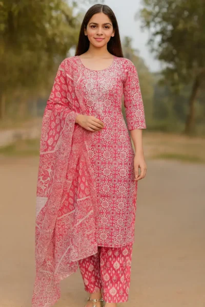 KPD-430-1 Pink Cotton Printed Embroidered Kurta Pants with Dupatta