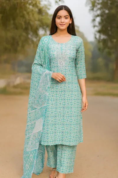 KPD-431-1 Turquoise Cotton Printed Embroidered Kurta Pants with Dupatta