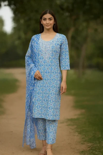 KPD-432-1 Blue Cotton Printed Embroidered Kurta Pants with Dupatta