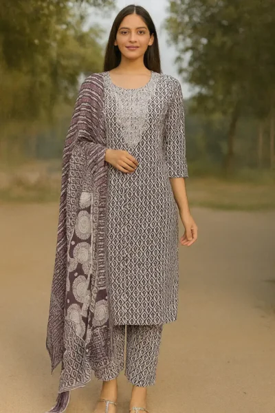 KPD-433-1 Purple Cotton Printed Embroidered Kurta Pants with Dupatta