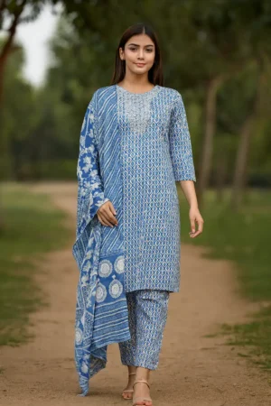 Blue Cotton Printed Embroidered Kurta Pants with Dupatta