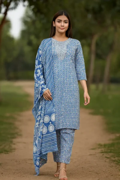 KPD-434-1 Blue Cotton Printed Embroidered Kurta Pants with Dupatta