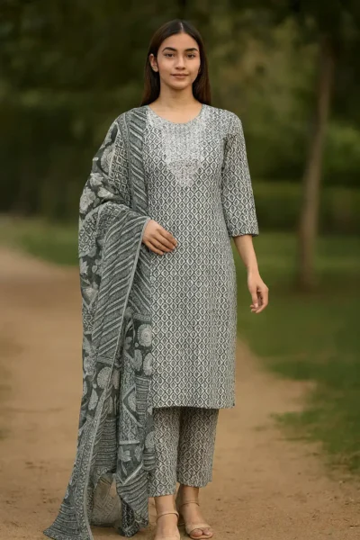 KPD-435-1 Grey Cotton Printed Embroidered Kurta Pants with Dupatta