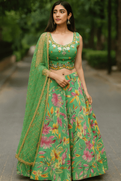 LHG-1-1 Green Chinon Lehenga Choli Dupatta Set with Floral Print and Embroidered Blouse