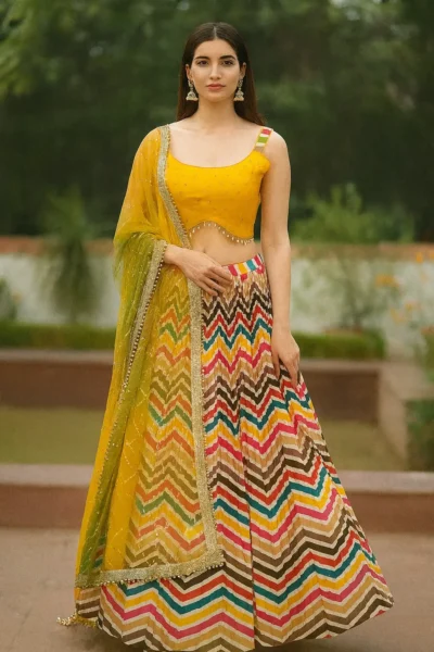 LHG-12-1 Chinon Fabric Yellow Blouse Multicolor Lehenga with Dupatta