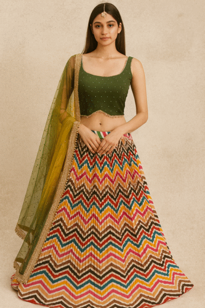 LHG-13-1 Chinon Fabric Green Blouse Multicolor Lehenga with Dupatta
