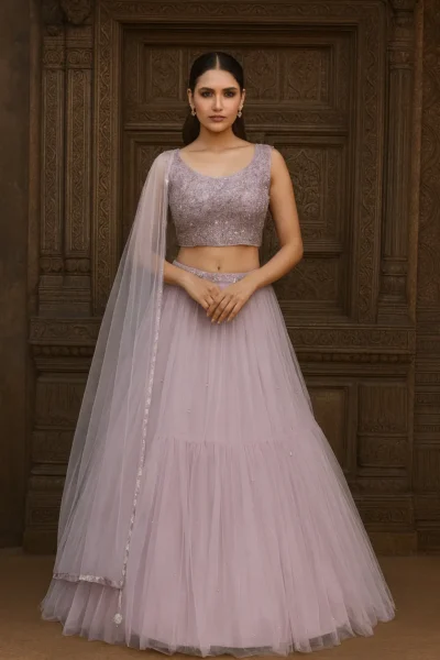 LHG-14-1 Lavender Net Embroidered Lehenga Choli with Dupatta