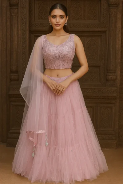 LHG-15-1 Blush Pink Net Embroidered Lehenga Choli with Dupatta