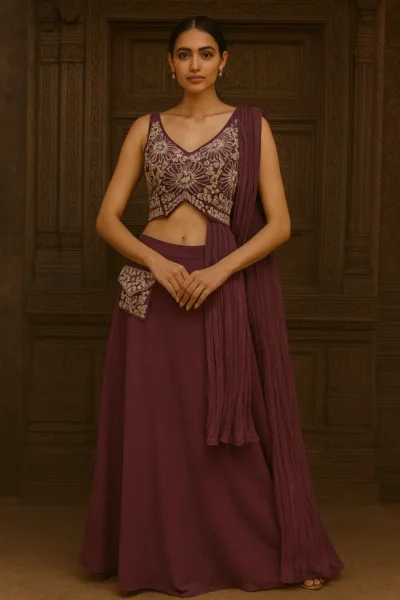 LHG-16-1 Wine Purple Georgette Embroidered Lehenga Choli with Drape Dupatta