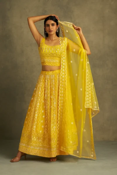 LHG-18-1 Yellow Net Embroidered Lehenga with Dupatta