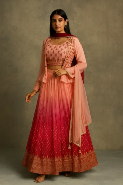 LHG-19-1 Peach & Red Ombre Net Embroidered Lehenga with Jacket and Crop Top