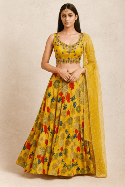 LHG-2-1 Yellow Chinon Lehenga Choli Dupatta Set with Floral Print and Embroidered Blouse