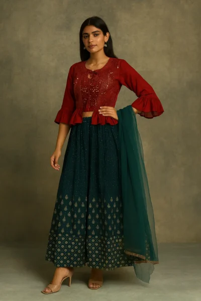 LHG-20-1 Red & Green Net Embroidered Lehenga with Jacket and Crop Top