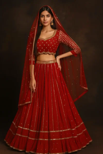 LHG-21-1 Red Net Embroidered Bridal Lehenga with Dupatta
