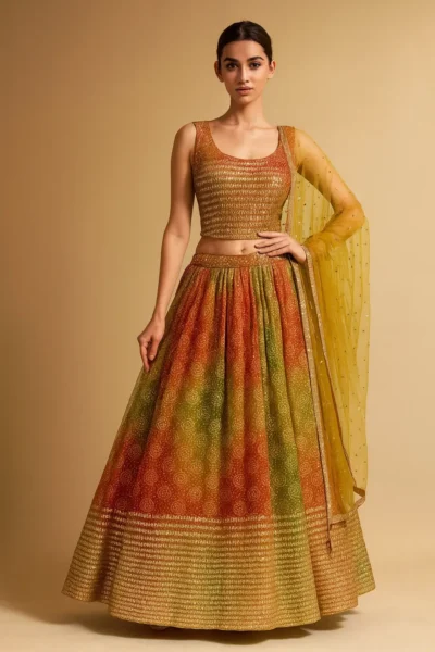 LHG-22-1 Multicolor Net Embroidered Lehenga with Crop Top and Dupatta