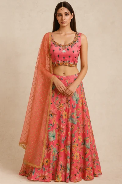 LHG-3-1 Pink Chinon Lehenga Choli Dupatta Set with Floral Print and Embroidered Blouse