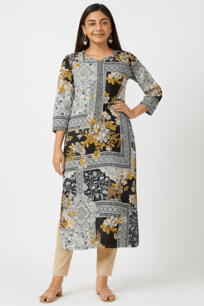 LK-51-1 Black & Mustard Floral Printed Rayon Kurta