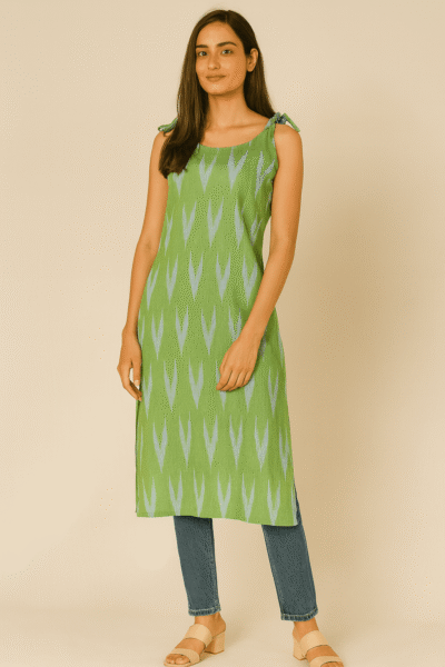 LK-54-1 Handloom Ikkat Khadi Cotton Long Kurta with Shoulder Knot – Green & Blue Pattern