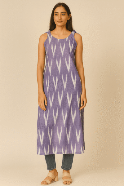 LK-55-1 Lavender Ikkat Khadi Handloom Cotton Long Kurta