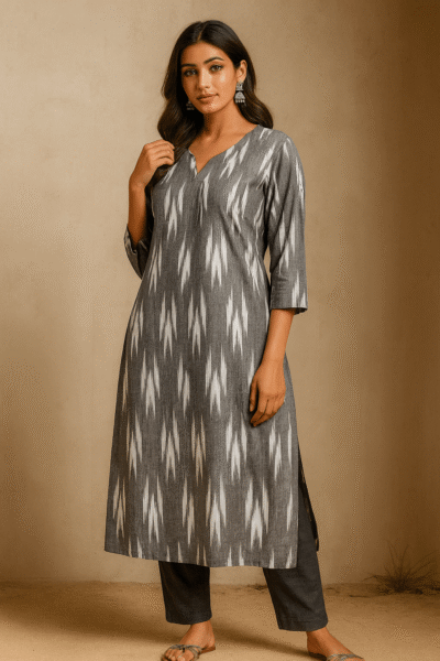 LK-56-1 Handloom Ikkat Khadi Cotton Long Kurta – Grey & White