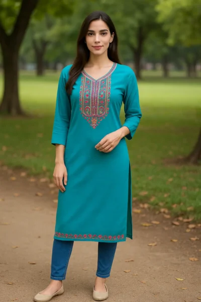 LK-57-1 Turquoise Blue Rayon Embroidered Straight Kurta