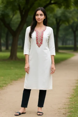 LK-58-1 Off-White Rayon Embroidered Straight Kurta