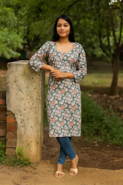 LK-60-1 Floral Printed Cotton Kurta in Grey Base