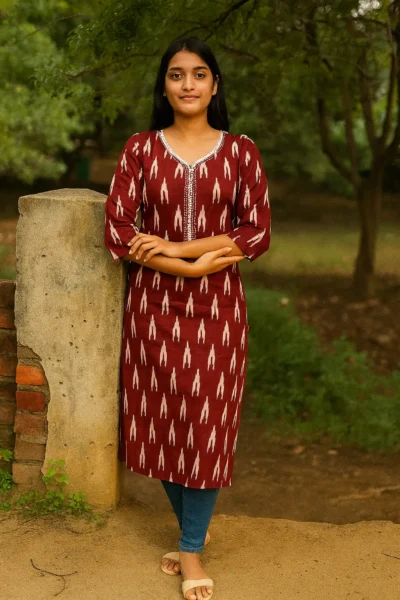 LK-62-1 Maroon Ikat Print Cotton Kurta