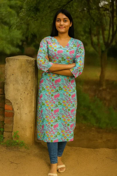 LK-63-1 Sky Blue Floral Print Cotton Kurta
