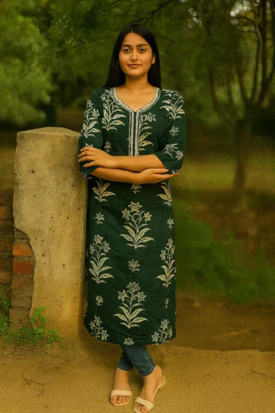LK-64-1 Dark Green Floral Print Cotton Kurta