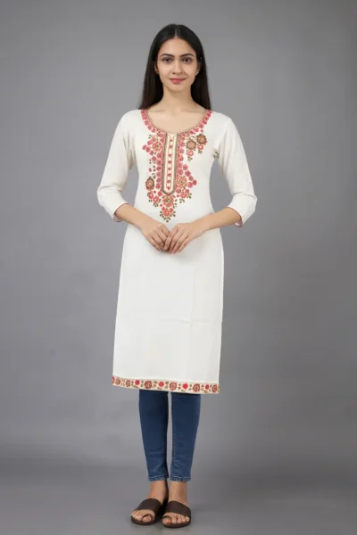 LK-65-1 White Rayon Embroidered Kurta