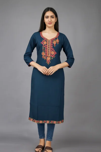 LK-66-1 Navy Blue Rayon Embroidered Kurta