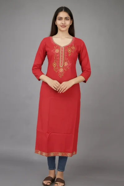LK-67-1 Red Rayon Embroidered Kurta