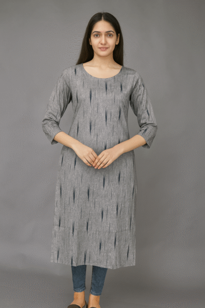LK-71-1 Ikkat Handloom Cotton Khadi Grey Kurta
