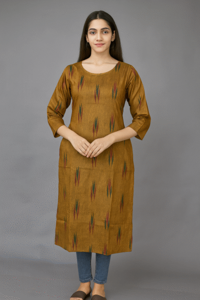 LK-72-1 Ikkat Handloom Cotton Khadi Mustard Kurta