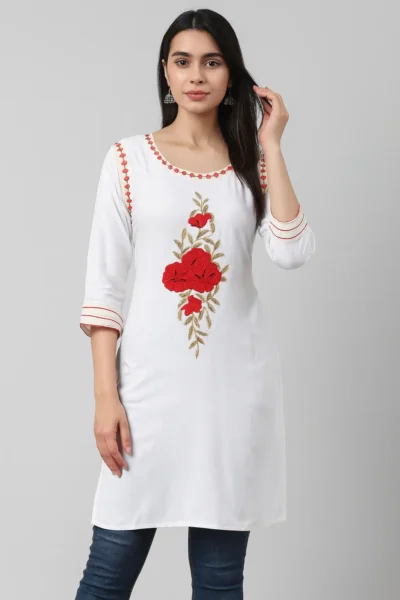 LK-73-1 White Rayon Embroidered Kurta