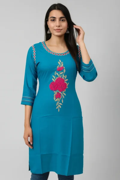 LK-75-1 Turquoise Blue Rayon Embroidered Kurta