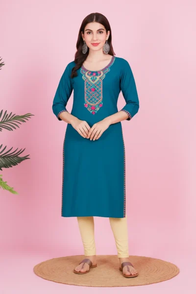 LK-78-1 Teal Blue Rayon Embroidered Kurta